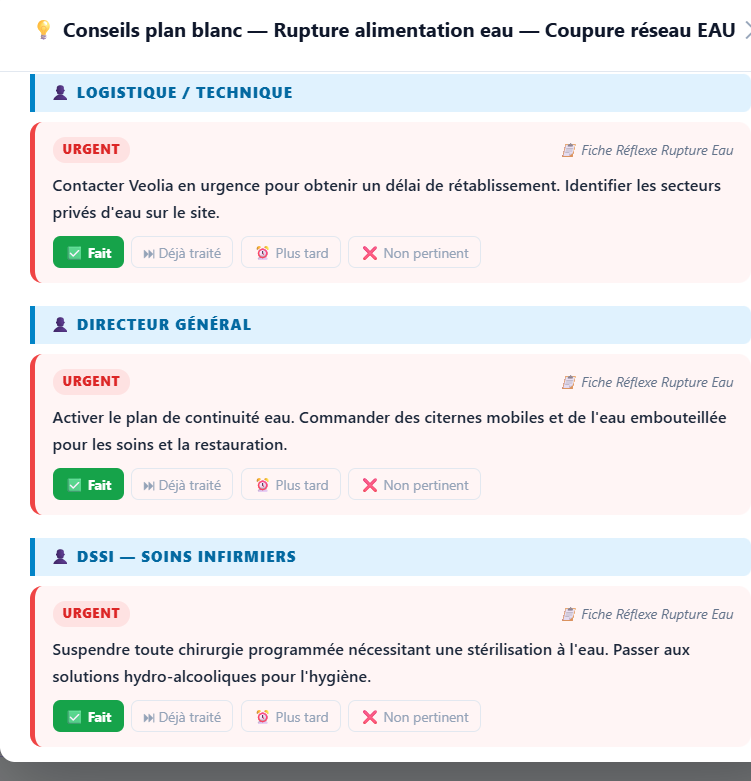 Conseils IA Réactis par rôle, avec boutons Fait / Plus tard / Non pertinent